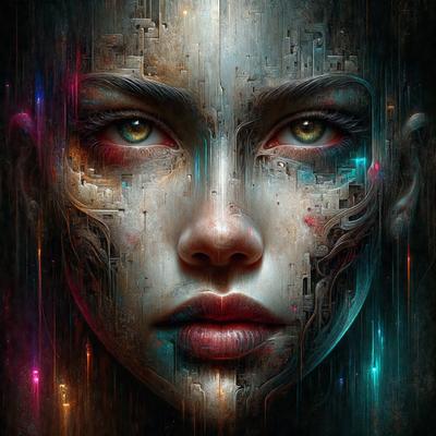 The primary subject of the image is a woman's face, which is the main focus of the image. The setting is a futuristic, digital art-style environment, with a backdrop of a cityscape. The visual style is a combination of photo, digital art, and illustration, creating a unique and intriguing appearance. The colors and mood of the image are predominantly dark and moody, with a hint of futuristic and technological elements.